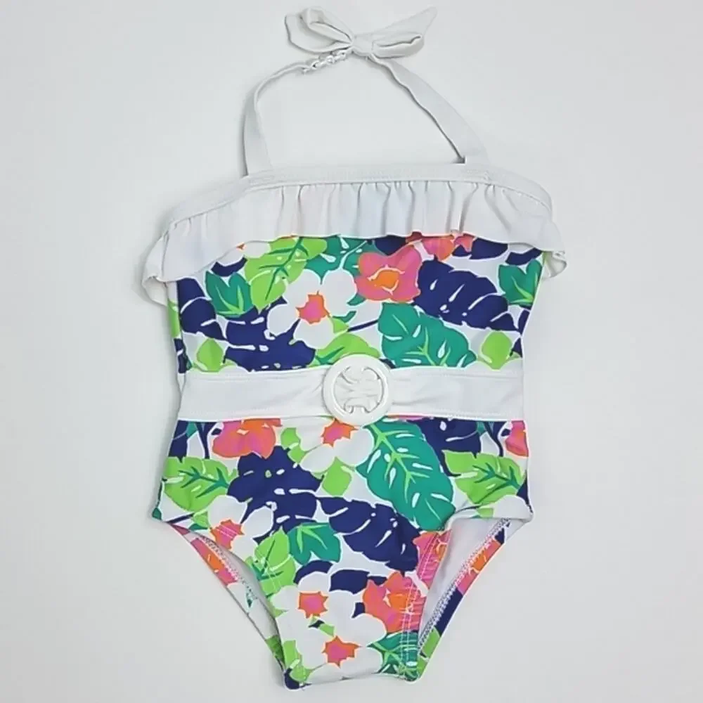 Janie and‎ Jack Tropical Print Ruffled One Piece Swimsuit Green Pink 6-12 Months